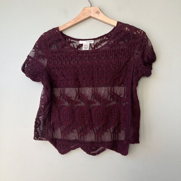 Sheer Burgundy Lace Top Short‎ Sleeves Say What? Women’s Size S - Picture 1 of 2